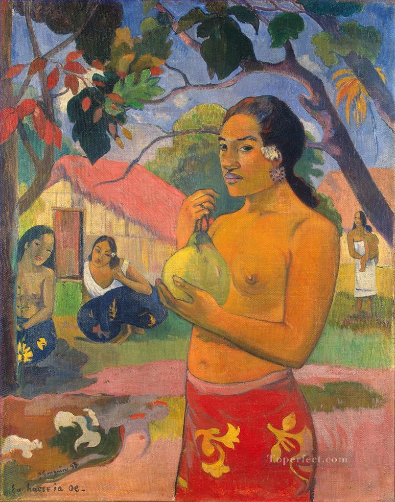 Eu haere ia oe Woman Holding a Fruit Post Impressionism Primitivism Paul Gauguin Oil Paintings